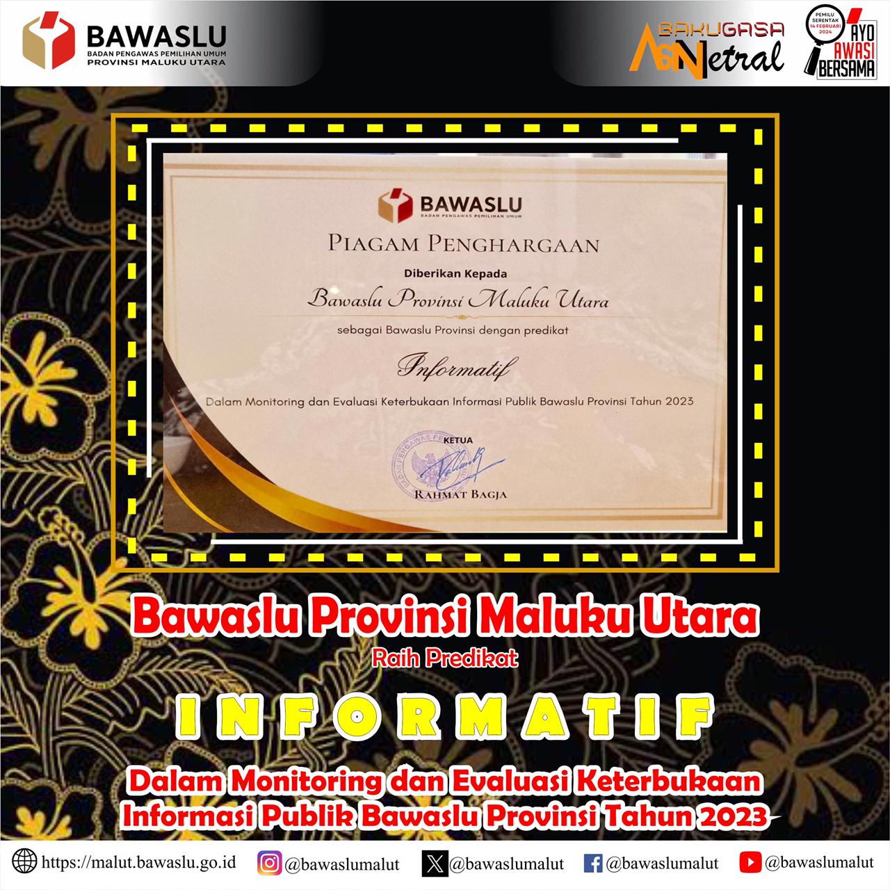 Tiga Kali Bawaslu Malut Utara Raih Penghargaan Keterbukaan Informasi Publik